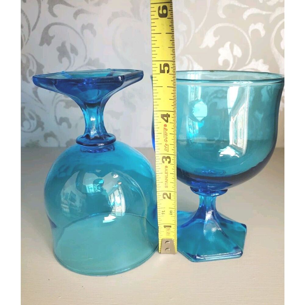 Vintage 1970s MCM Anchor Hocking Flair Laser Blue Footed Wine Glasses Set of 2 - Picture 6 of 9